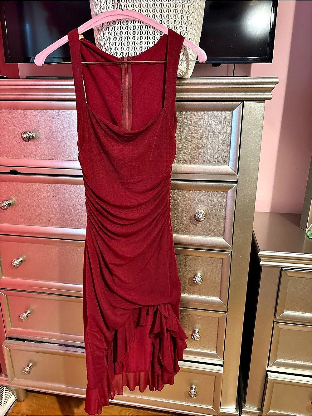 Ruched Ruffle Hem Dress in Red Like New